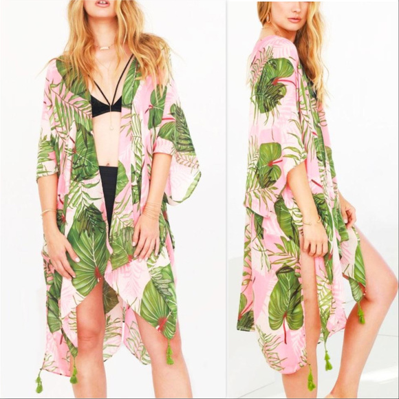 . Tops - PINK PALM KIMONO